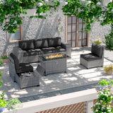 Amopatio Outdoor Sectional with Fire Pit Table, 8 Inch Armrest Patio Furniture Set with Waterproof Cover for Garden Backyard, 4'' Thickened Cushion Amopatio