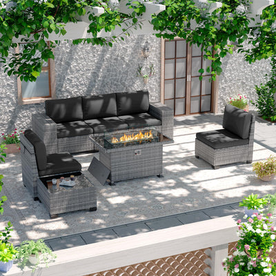 Amopatio Outdoor Sectional with Fire Pit Table, 8 Inch Armrest Patio Furniture Set with Waterproof Cover for Garden Backyard, 4'' Thickened Cushion