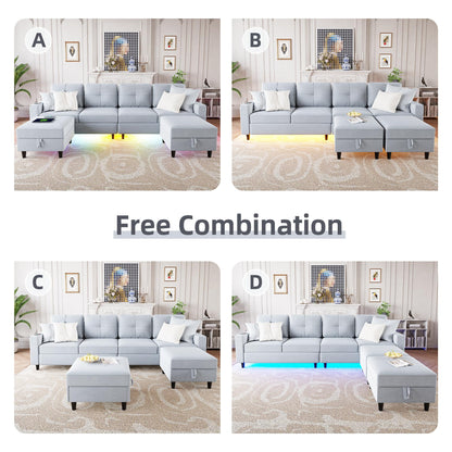 Lvifur LED Sectional Couches for Living Room, Modern Modular Sectional Sofa with Charging Station, U-Shaped 4 Seat Sofa Set with Chaise and Storage Ottomans (Light Grey)