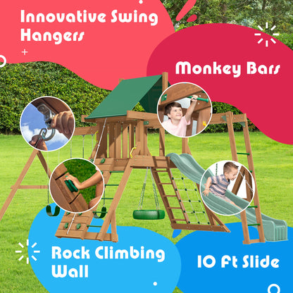 Creative Playthings Northbridge Pack 2 Wooden Swing Set (Made in The USA), includes Climbing Wall for Kids, Playground Swings & Slide, Monkey Bars and Tire Swing, 22x12x11 ft