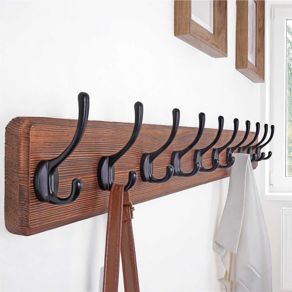 SKOLOO Farmhouse Style Wall Mounted Coat Rack, 38.6'' Pine Solid Wood Coat Hook Hanger - 10 Hooks for Hanging Clothes Robes Towels Coats SKOLOO