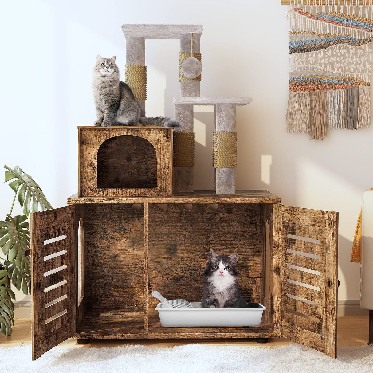 Recaceik Cat Litter Box Enclosure with Cat Tree, Hidden Cat Washroom Furniture with Divider, Wooden Cat House with Platform, Scratching Post and Soft Plush Perch, Indoor Pet Cabinet,Rustic Brown Recaceik