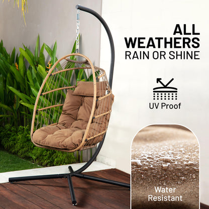 SereneLife Hanging Egg Chair with Stand - Up to 550 lbs of Capacity - Beautiful Swinging Basket Chair with Base Made from Wicker Rattan and Powder-Coated Steel Frame - Egg Swing Chair with Stand