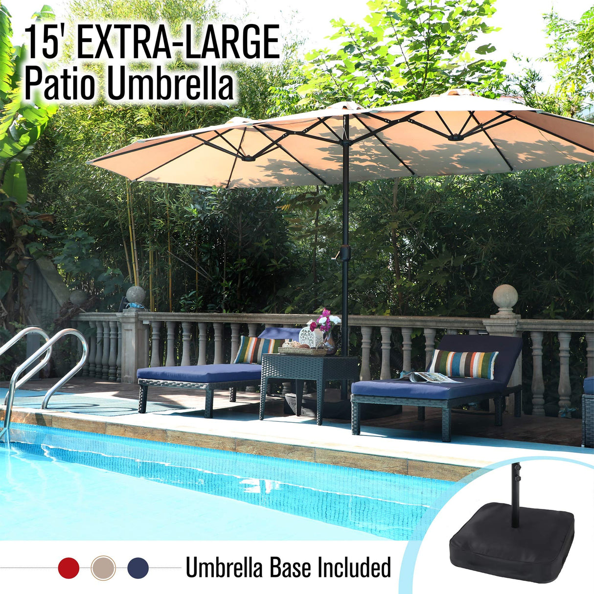 PHI VILLA 15ft Large Patio Umbrella with Base, Double-sided Outdoor Umbrella, Beige PHI VILLA