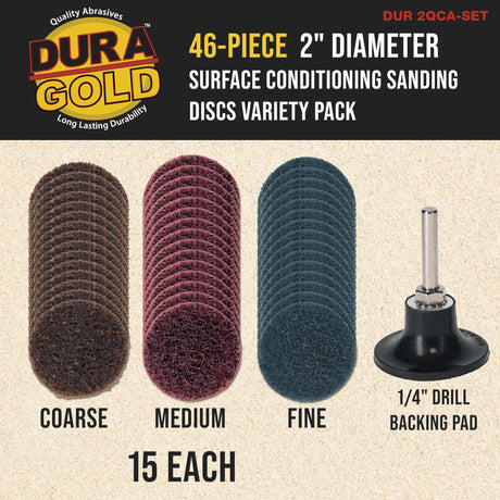 Dura-Gold 46-Piece 2" Diameter Surface Conditioning Sanding Discs Variety Pack - 15 Each Coarse, Medium, Fine Grit Quick Change Roll Lock, 1/4" Backing Pad - Removes Rust Oxidation and Paint Removal Dura-Gold