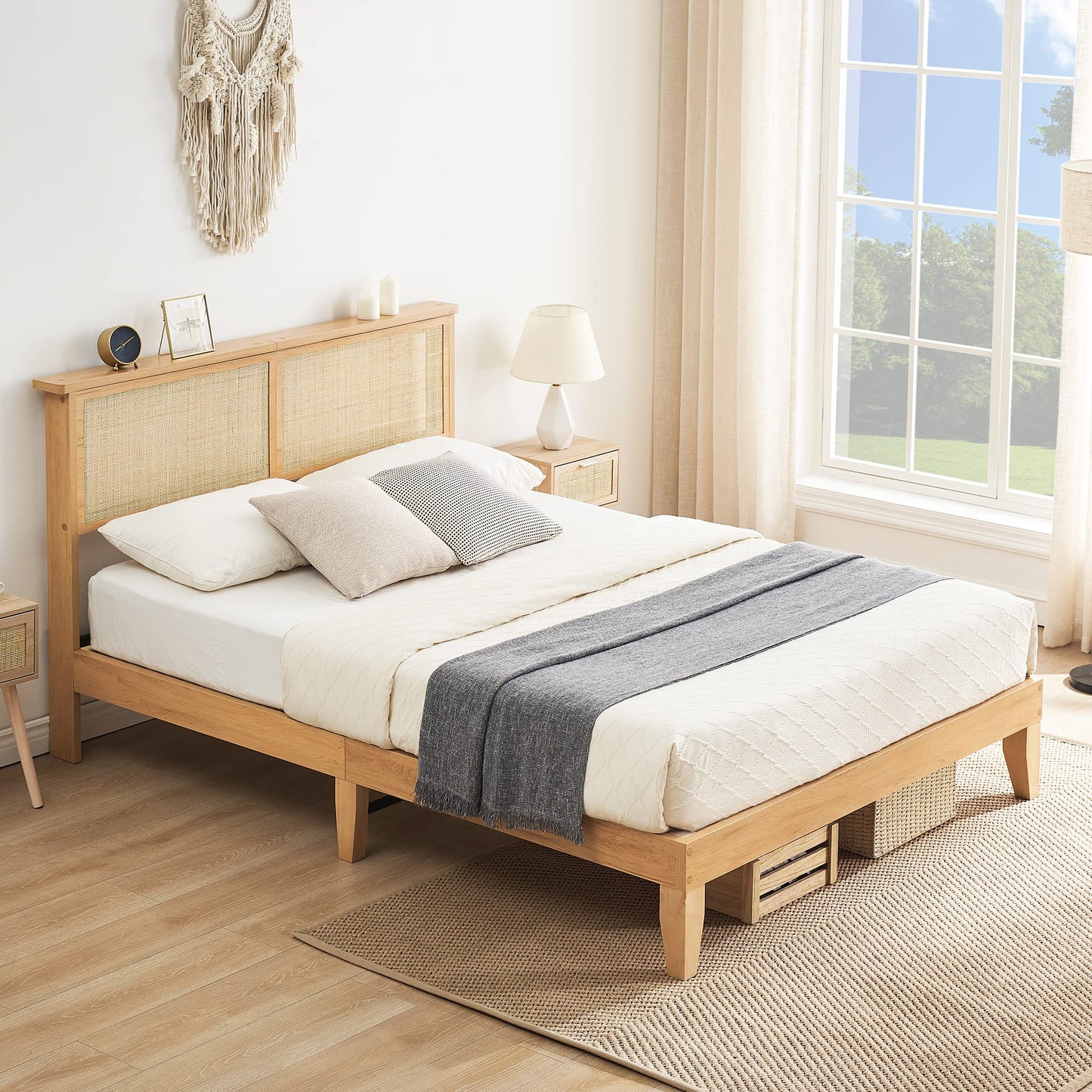 Solid Wood Full Bed Frame with Rattan Headboard & LED Lights - Modern Design, Noise-Free, No Box Spring Needed - WoodArtSupply