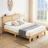 Solid Wood Full Bed Frame with Rattan Headboard & LED Lights - Modern Design, Noise-Free, No Box Spring Needed coucheta