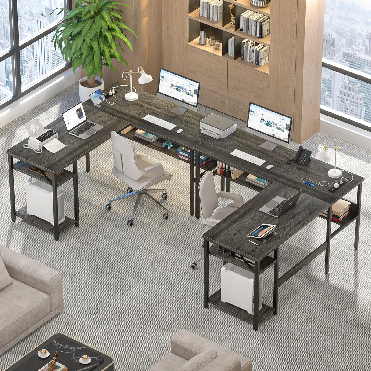 Hyomdeck Reversible L Shaped Gaming Desk with Power Outlets and USB Charging Ports, Sturdy Computer Desk with Storage Shelf, Modern Corner Desk Home Office Table, Easy to Assemble, Gray Oak Hyomdeck