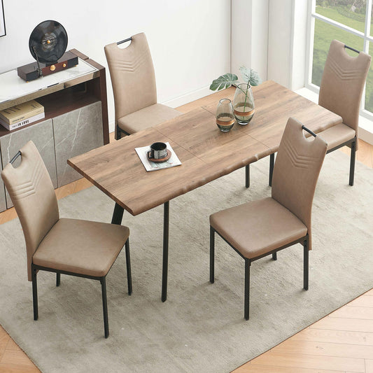 NORDICANA Live Edge Dining Table Set for 4, Extendable Kitchen Table Set with 4 Faux Leather Dining Chairs, High Back Beige PU Side Chair, MDF Table-top with Removable Leaf - WoodArtSupply