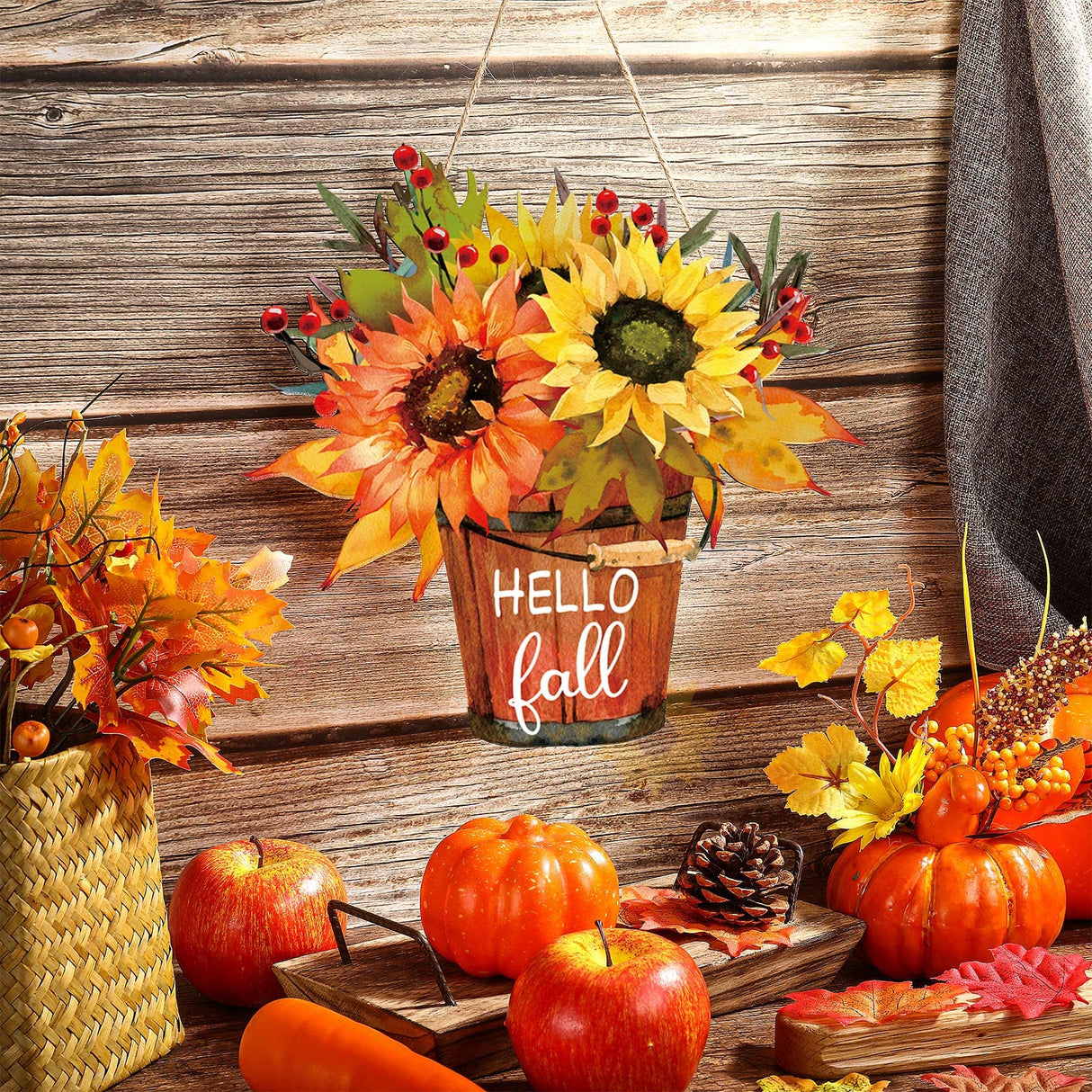 Hello Fall Sign Hello Fall Door Sign Wooden Farmhouse Home Sign with Fall Sunflower for Porch Farmhouse Thanksgiving Autumn Front Door Outdoor Home Decor Bucherry