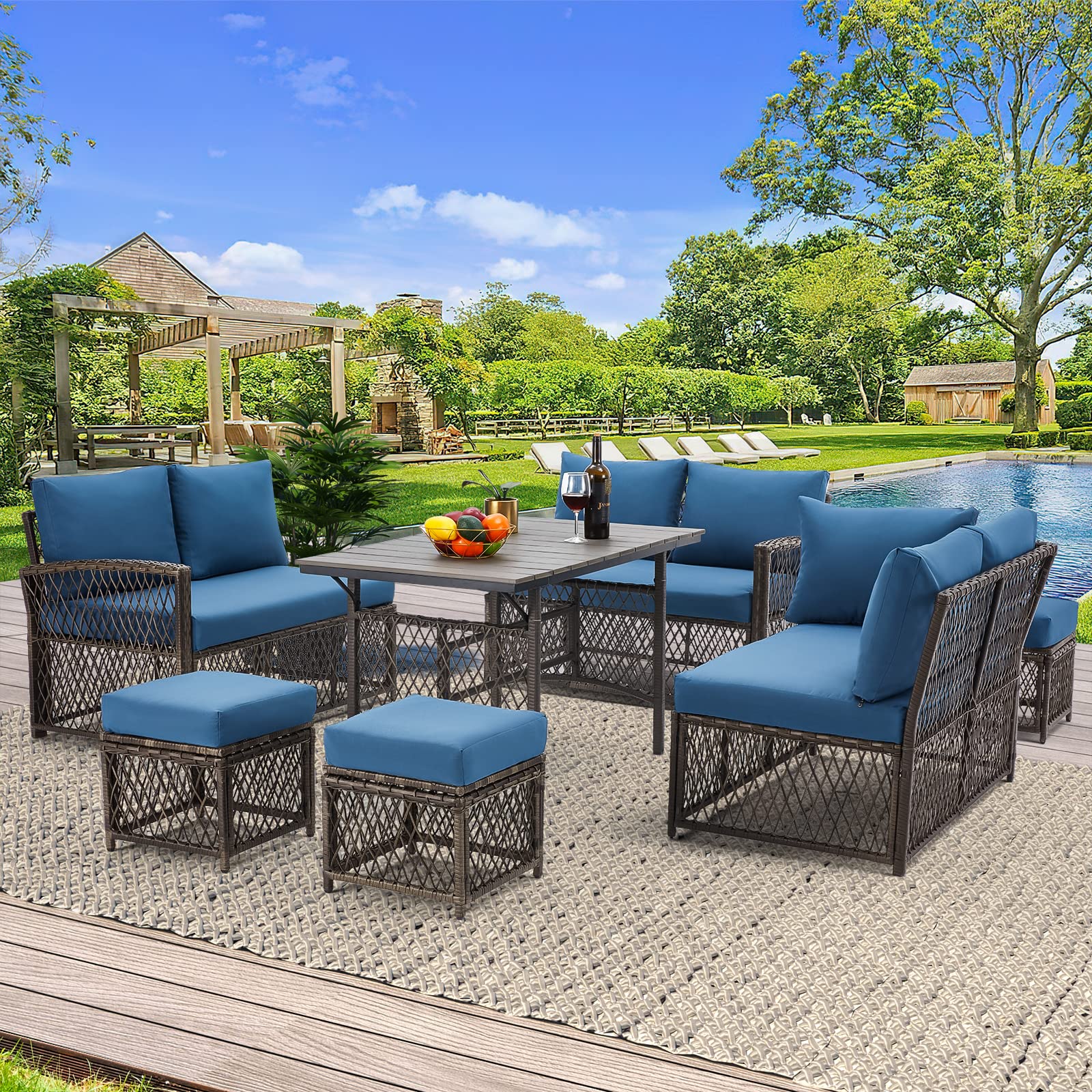 AECOJOY Patio Furniture Set, Outdoor Patio Furniture with Dining Table&Chair, 7 Pieces All Weather Wicker Conversation Set with Ottoman,Navy - WoodArtSupply