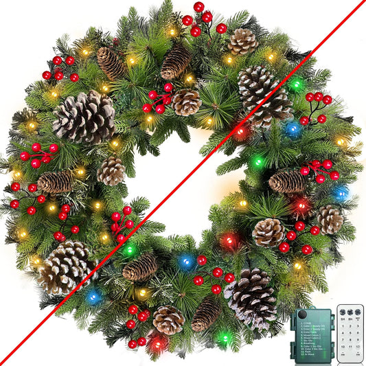 Remote Control - 26 Inch Super Large Thick Prelit Christmas Wreath Realistic-Feel 50 Warm White & Colorful Lights Timer 12 Mode Double Frame 228 Branches 16 Pinecone 60 Red Berry Xmas Decor Outdoor