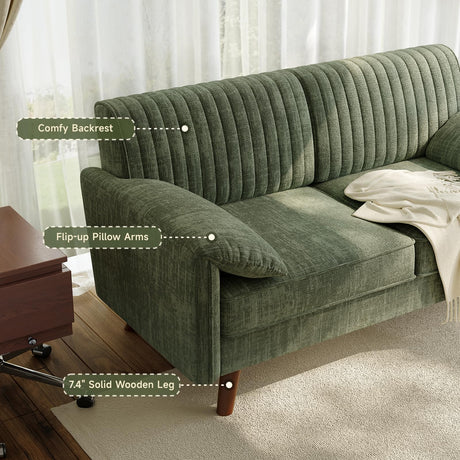 ONBRILL 64.5" Loveseat Sofa, Chenille Loveseat Couch for Living Room, 23.2" Deep Seat Love Seat with Padded Arms, Comfy Modern Small Couches for Bedroom, Small Spaces, Dorms, Office, Green ONBRILL