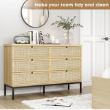 Brafab Natural Rattan 6 Drawer Double Dresser for Bedroom, Industrial Wood Clothing Organizer Boho Dresser, Wide Storage Chest of Drawers Dresser with Sturdy Steel Legs for Living Room, Hallway Brafab
