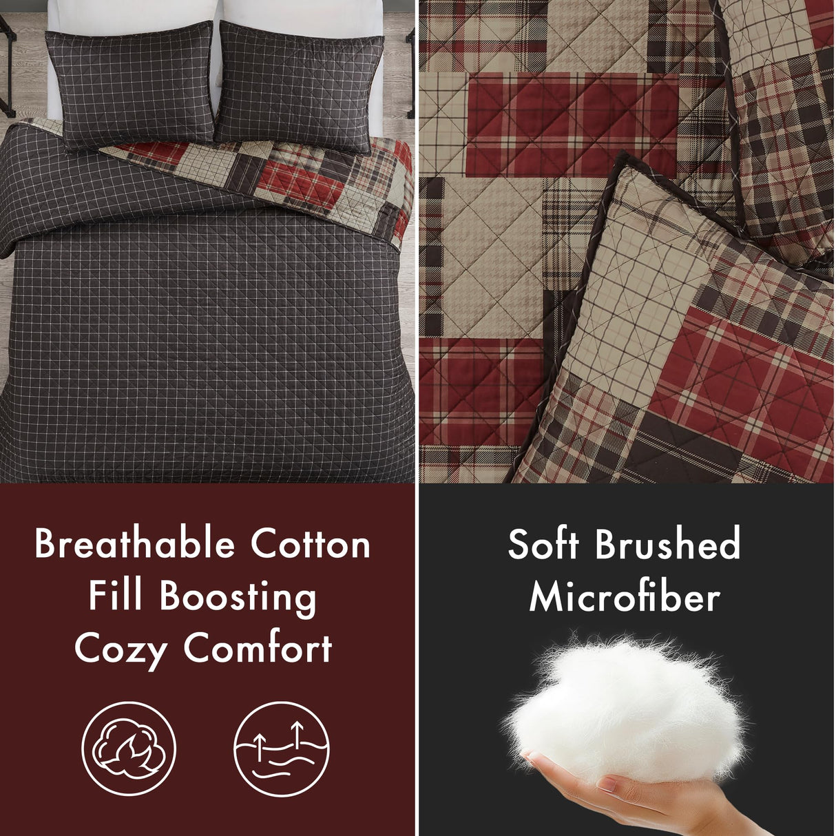 Madison Park King Quilt Set Patchwork Farmhouse, Diamond Quilting Reversible Coverlet Set for King Size Bed, Plush Cotton Filled Quilt Set King Size, Shams King/Cal King Red/Black 3 Piece Madison Park