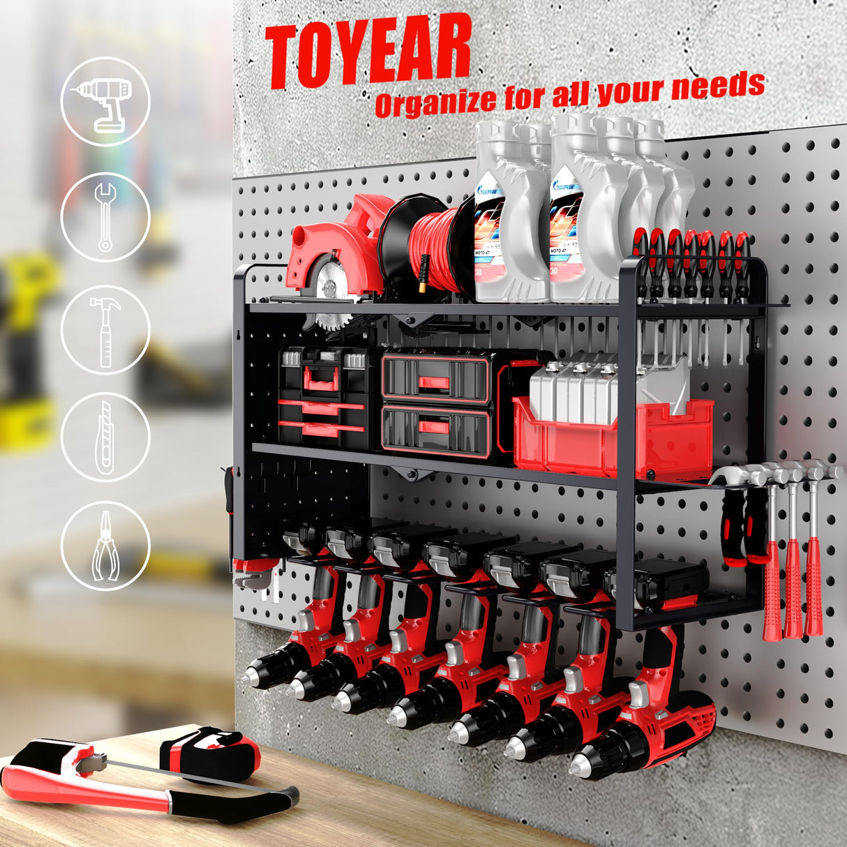 Power Tool Organizer Wall Mount - Pegboard with 7 Drill Holder - Heavy Duty Metal Tool Shelf for Garage Organization Toyear