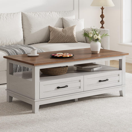 GarveeHome Farmhouse Coffee Table with Drawers, 47.2" Center Table Rustic Coffee Tables White Brown Living Room Table, with Open Shelf and 6 Support Legs GarveeHome