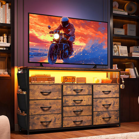 EnHomee Dresser TV Stand with 10 Drawers for 55" TV Stand for Bedroom with LED Lights & Power Outlets Wide Dresser for Bedroom with Shelves & Side Pockets Sturdy Metal Frame & Wood Top, Rustic Brown EnHomee