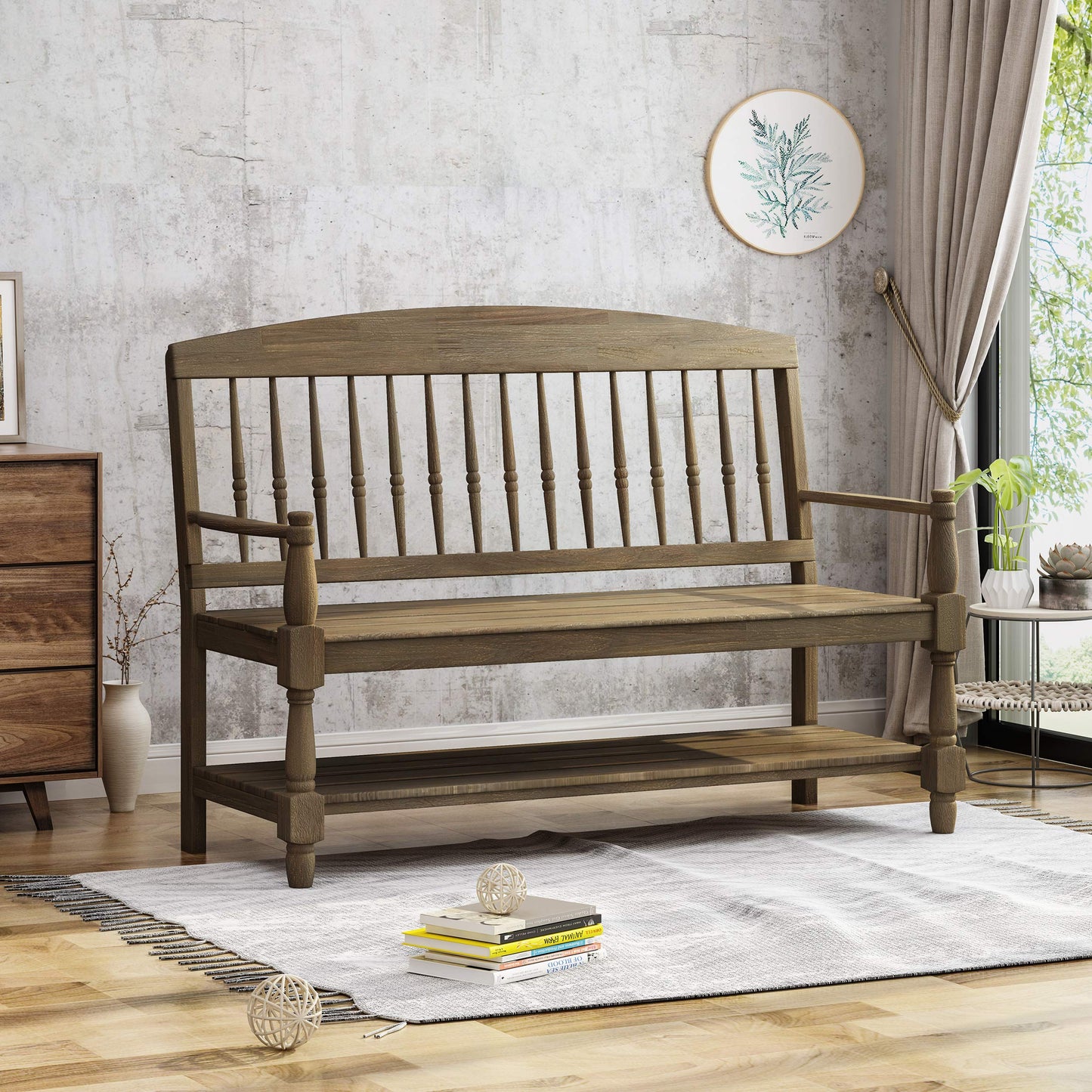 Christopher Knight Home Eddie Indoor Farmhouse Acacia Wood Bench with Shelf, Gray Finish - WoodArtSupply