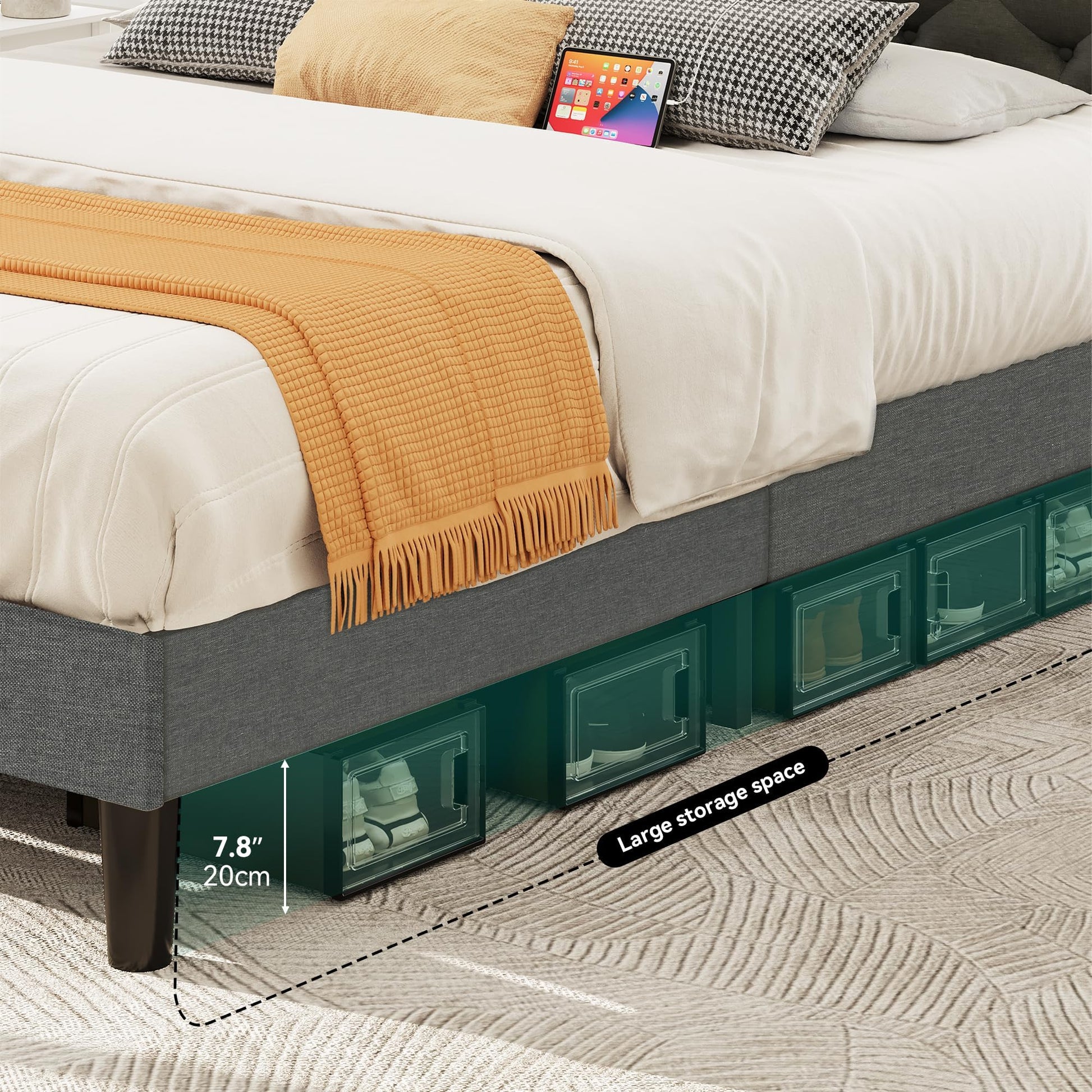 YITAHOME Queen Size LED Bed Frame with Adjustable Diamond Headboard & USB Ports in Grey - WoodArtSupply