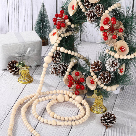 12 Feet Christmas Wooden Beads Xmas Bead Garland Round Craft Bead Garland Farmhouse Bead Garland Vintage Wooden Beads for Christmas Decoration Supplies(Natural Color) Canlierr