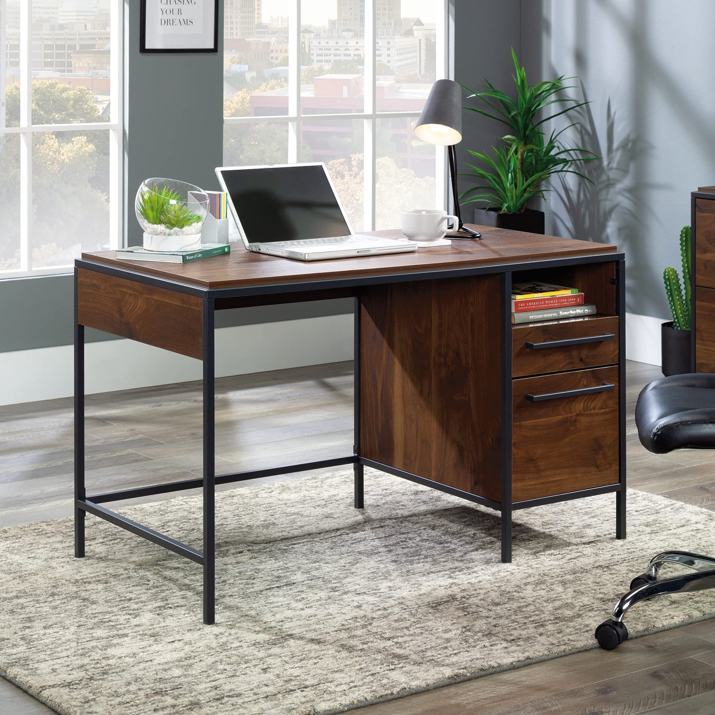 Sauder Nova Loft Single Ped Desk, L: 48.74" x W: 24.96" x H: 29.53", Grand Walnut Finish - WoodArtSupply