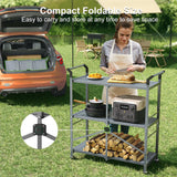 HKWOTINHA Folding Rolling Cart with Wheels - 3 Tier Collapsible Utility Cart, Metal Service Cart (Large) HKWOTINHA
