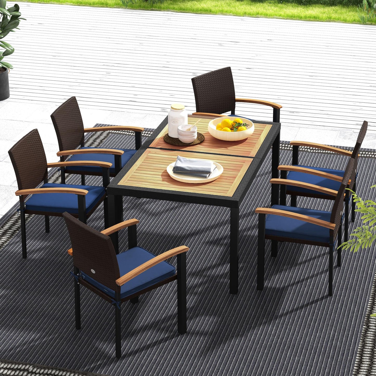 Outsunny 7 Pieces Patio Dining Set with Space-Saving Design, Wicker Patio Furniture Set Outdoor Dining Set with Acacia Wood Table Top, Cushions, for Backyard, Balcony, Garden, Deck, Black - WoodArtSupply