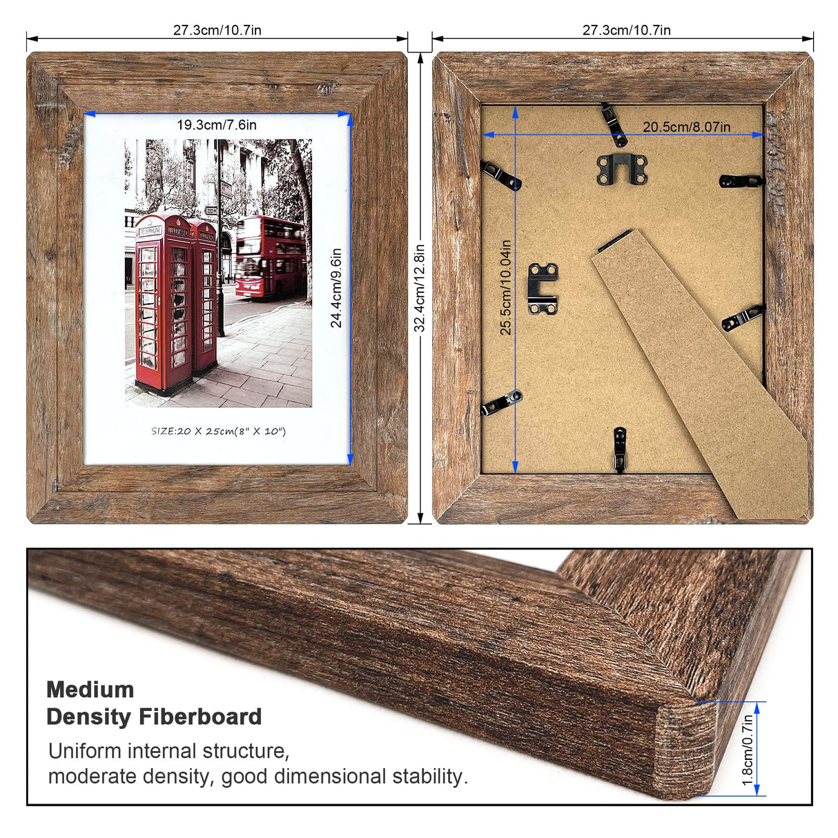 8x10 Picture Frames Set, Set of 4 Wooden Picture Frames Real Tempered Glass and Composite Wooden Rustic Rounded Corners Photo Display for Tabletop Wall Mount (Brown) SEEDLING PHOTO FRAME