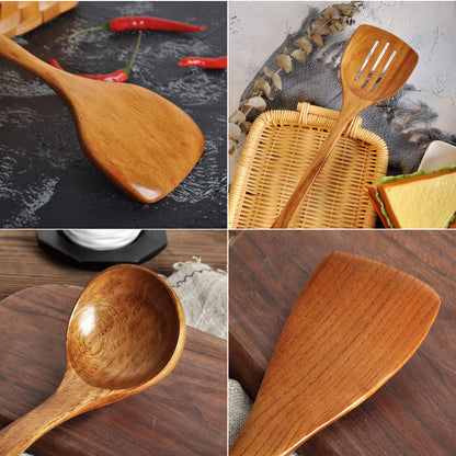 Wooden Spatula,Slotted Turner,Soup Ladle,Long Handle Utensils Set,Handmade for Kitchen Cookware (Wooden Utensil 4 Sets)