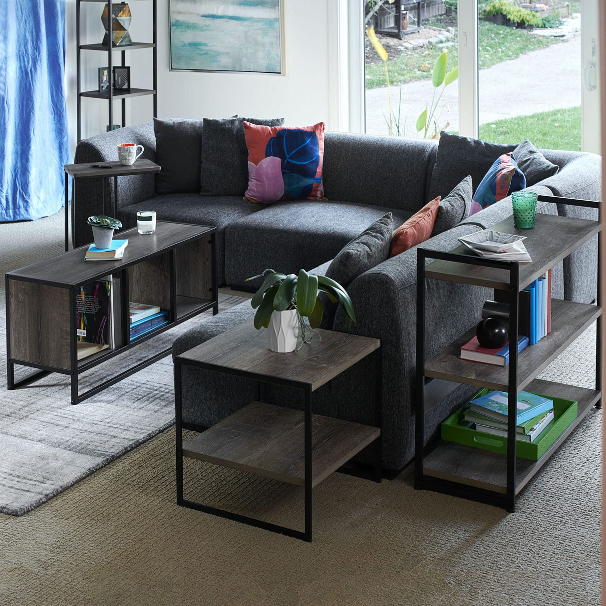 Household Essentials Jamestown TV Stand Coffee Table with Square Cube Storage Compartments Ashwood Rustic Wood Grain and Black Metal Household Essentials