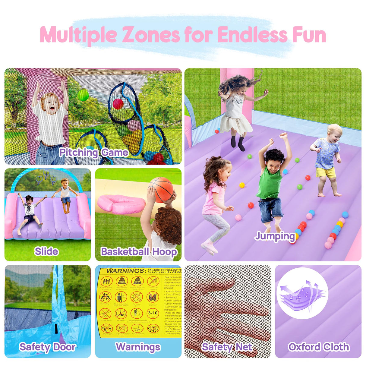 Easyair Large Bounce House Holds 6 Kids, 14.8 x 14.5 FT Inflatable Bouncer Jumper Slide with 650W Blower, Basketball Hoop, Throw Ball Game, Ball Pits (Pink, 177" L x 174" W x 94" H) EASYAIR