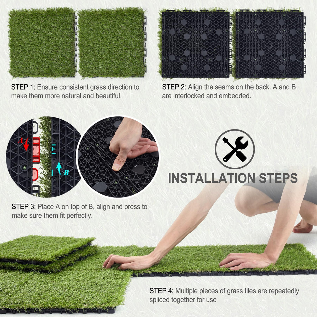 LOKANG Artificial Grass Turf Tile 12"x12" Synthetic Turf Grass Self-Draining Interlocking Deck Tiles Fake Grass Decor for Balcony & Patio Indoor & Outdoor Pet Areas (8-Pack) LOKANG