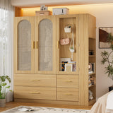 PAKASEPT 3 Doors Farmhouse Armoire Wardrobe Closet with Rattan,71'' Tall Freestanding Wooden Wardrobe Storage Cabinet for Bedroom with Hanging Rod,Vanity Mirror,Drawers,Clothes Hook,Shelves,Natural PAKASEPT