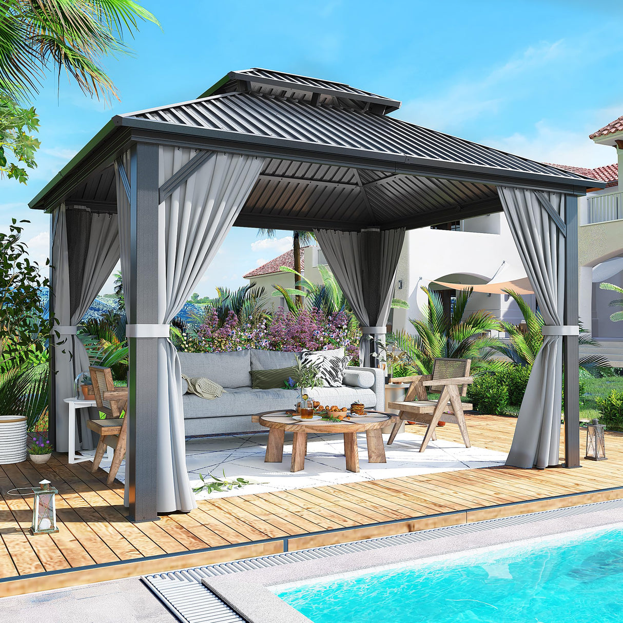 Airwire 10x12 FT Gazebo Hardtop Gazebo Aluminum Pergola with Aluminum Frame, Double Galvanized Steel Roof, Curtains and Netting Included Outdoor Gazebos Canopy for Patio, Backyard, Deck, Lawn,Grey AirWire