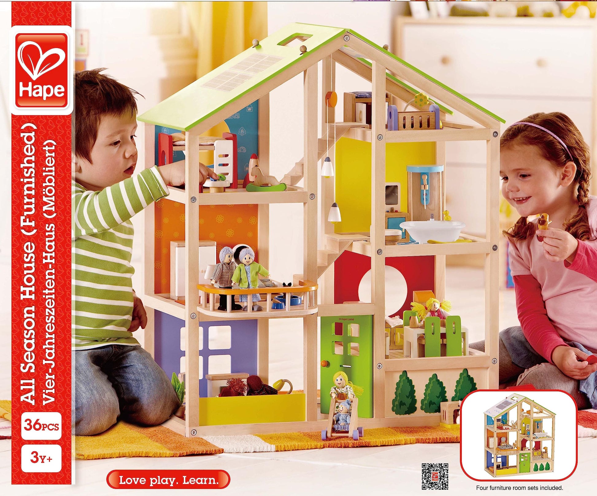 All Seasons Kids Wooden Dollhouse by Hape | Award Winning 3 Story Dolls House Toy with Furniture, Accessories, Movable Stairs and Reversible Season Theme L: 23.6, W: 11.8, H: 28.9 inch - WoodArtSupply