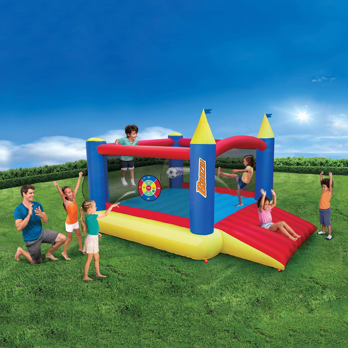 BANZAI Inflatable 13' Water Slide Park Plus 12' Bounce House 2 for 1 Value Pack w Free Air Blower- Inflates in Under 2min- Heavy Duty Kids Adventure Park Pool with Sprinkler 12’x9 XL Bouncy Castle BANZAI