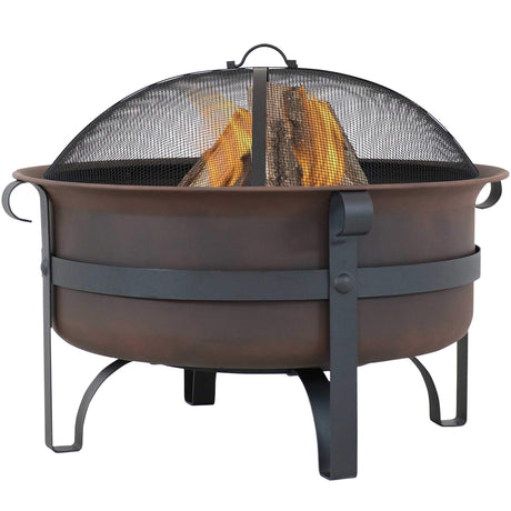Sunnydaze 29-Inch Bronze Cauldron Wood-Burning Fire Pit Bowl - Includes Portable Poker and Spark Screen Sunnydaze