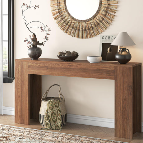 knoworld 63-Inch Long Console Table with LED Light, Farmhouse Sofa Table Behind Couch, Wooden Console Table for Entryway Hallway Entrance Living Room, Brown knoworld