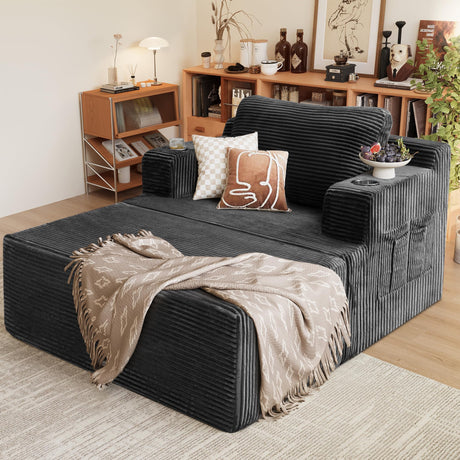 Homall Oversized Chaise Lounge Chair, Cloud Couch with Fluffy Upholstered, Deep Seat Sleeper Sofa Bed with Two Cup Holders, Comfy Boneless Couch No Assembly Required for Living Room, Apartment (Black) Homall