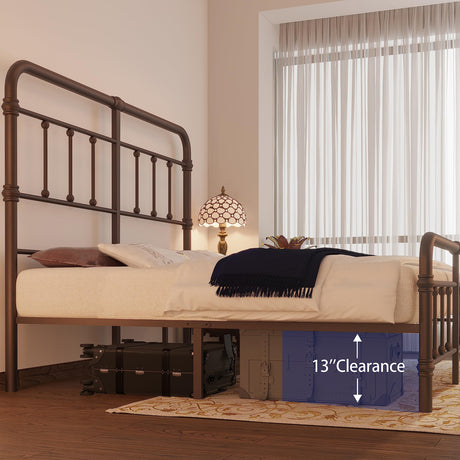 Macbimony Vintage Antique Metal King-Size Bed Frame with High Headboard - No Box Spring Needed (Brown) Macbimony