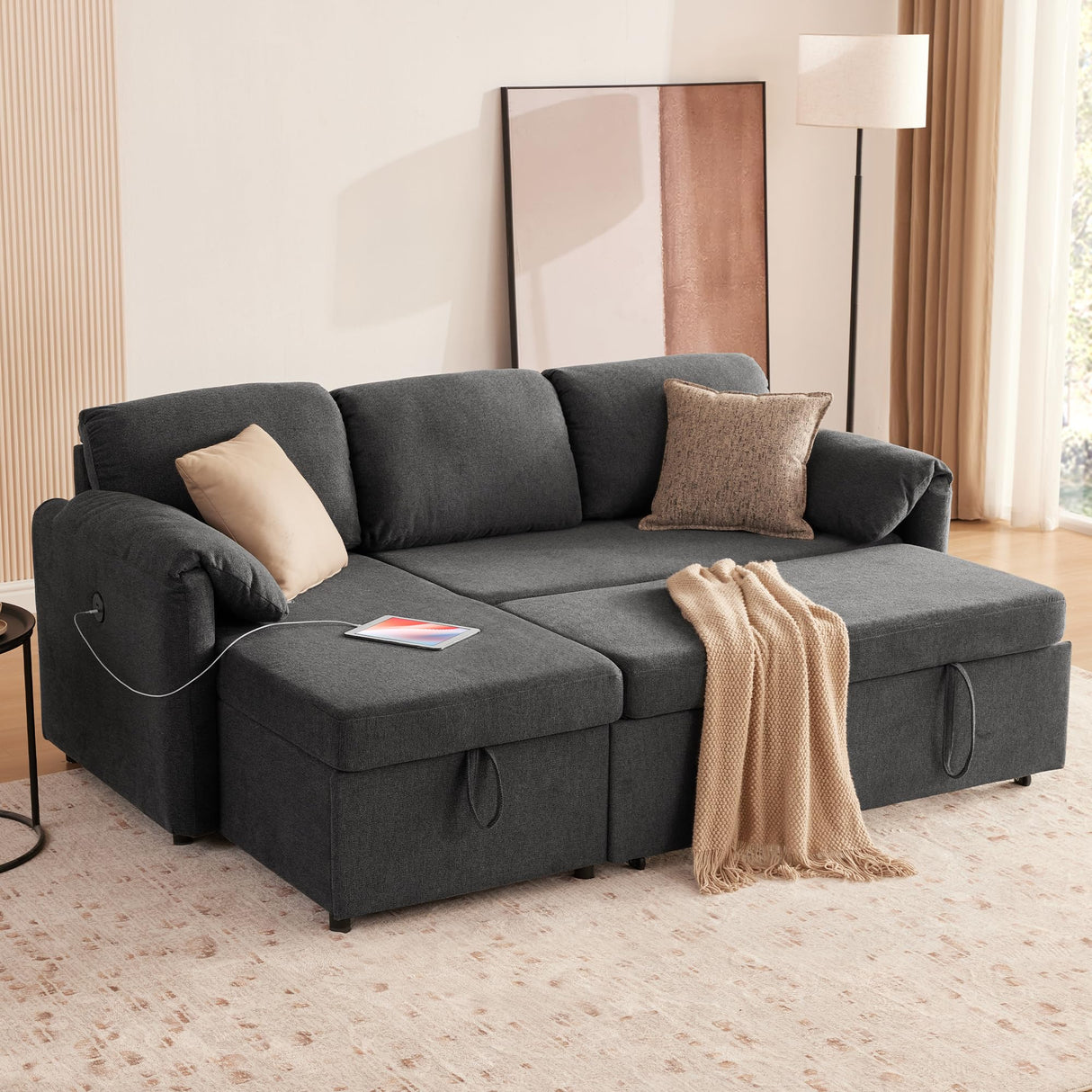 Tbfit Sleeper Sofa Couch with Pullout Bed, 83’’Sofa Bed Couch with Storage Chaise & USB, Egyptian Velvet Convertible Sleeper Sofa, Pull Out Sofa for Living Room, Dark Gray Tbfit