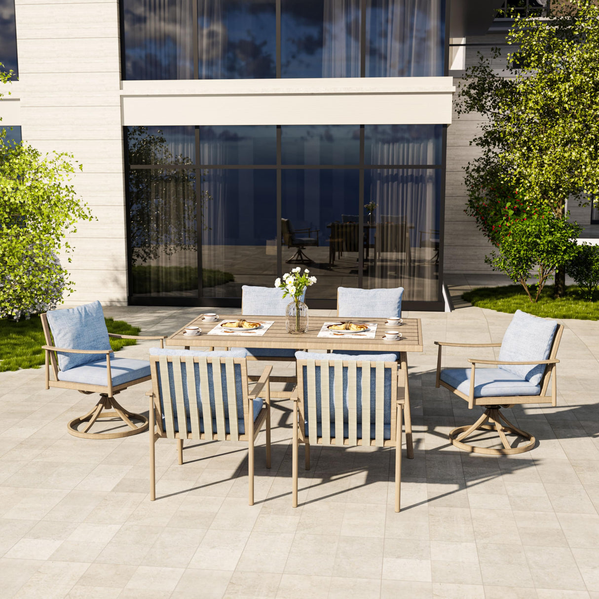 HAPPATIO 7-Piece Outdoor Dining Set for 6, Aluminum Patio Dining Set Includes 4 Dining Chairs, 2 Swivel Dining Chairs, and 1 Large Rectangular Table with Umbrella Hole, for Lawn Porch Backyard, Brown HAPPATIO