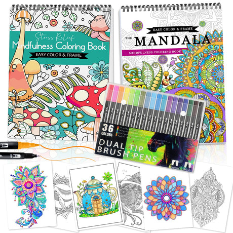 CKMOREL 2Pcs Adult Coloring Books with 36 Colors Markers, Mandala Adult Coloring Book for Women Relaxation with 48 Patterns, Colors Markers Set, Anxiety Relief Mindfulness Gifts Original & Hand Drawn CKMOREL
