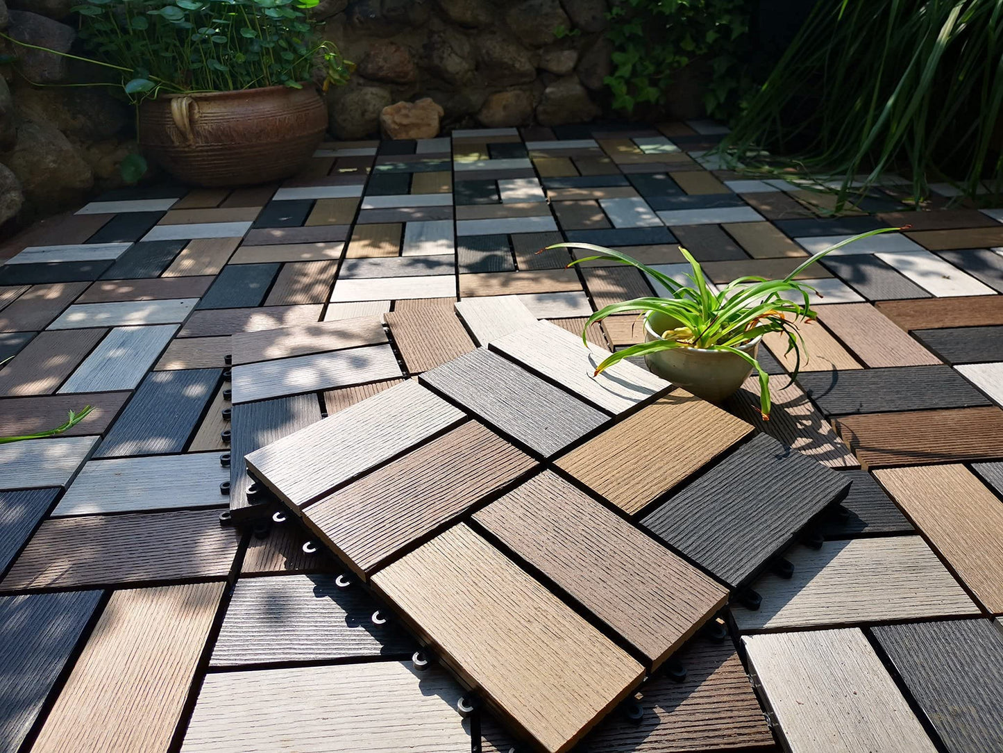 buimpome WPC Patio Deck Tiles,DIY Interlocking Decking Tiles, Floor Tile,Water Resistant Indoor Outdoor (9, Random Antique) - WoodArtSupply