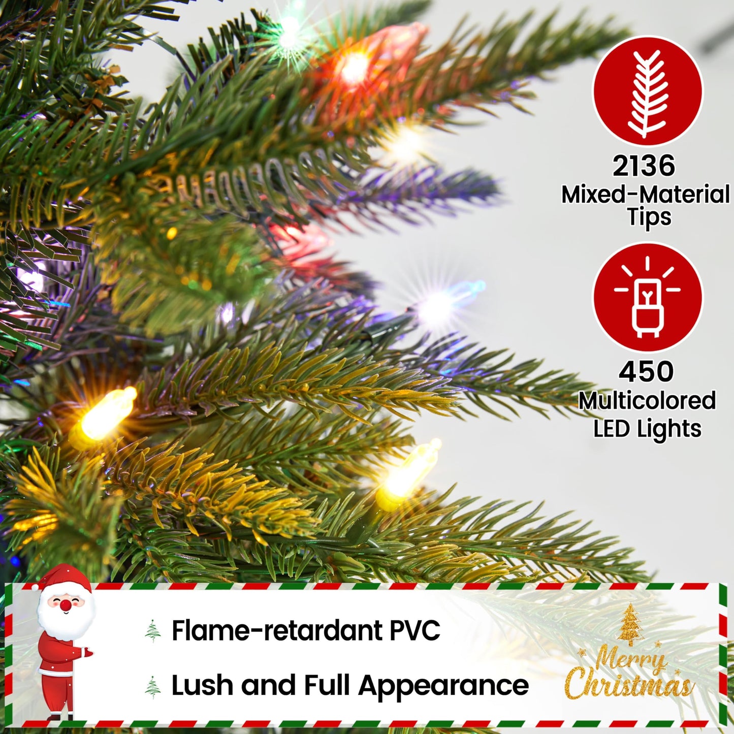 Yaheetech 7.5ft Pre-Lit Aspen Christmas Tree with 750 Multicolored LED Lights, 2136 PE & PVC Branch Tips, 9 Light Modes Lighted Artifical Noble Fir, Holiday Décor, Foldable Metal Stand