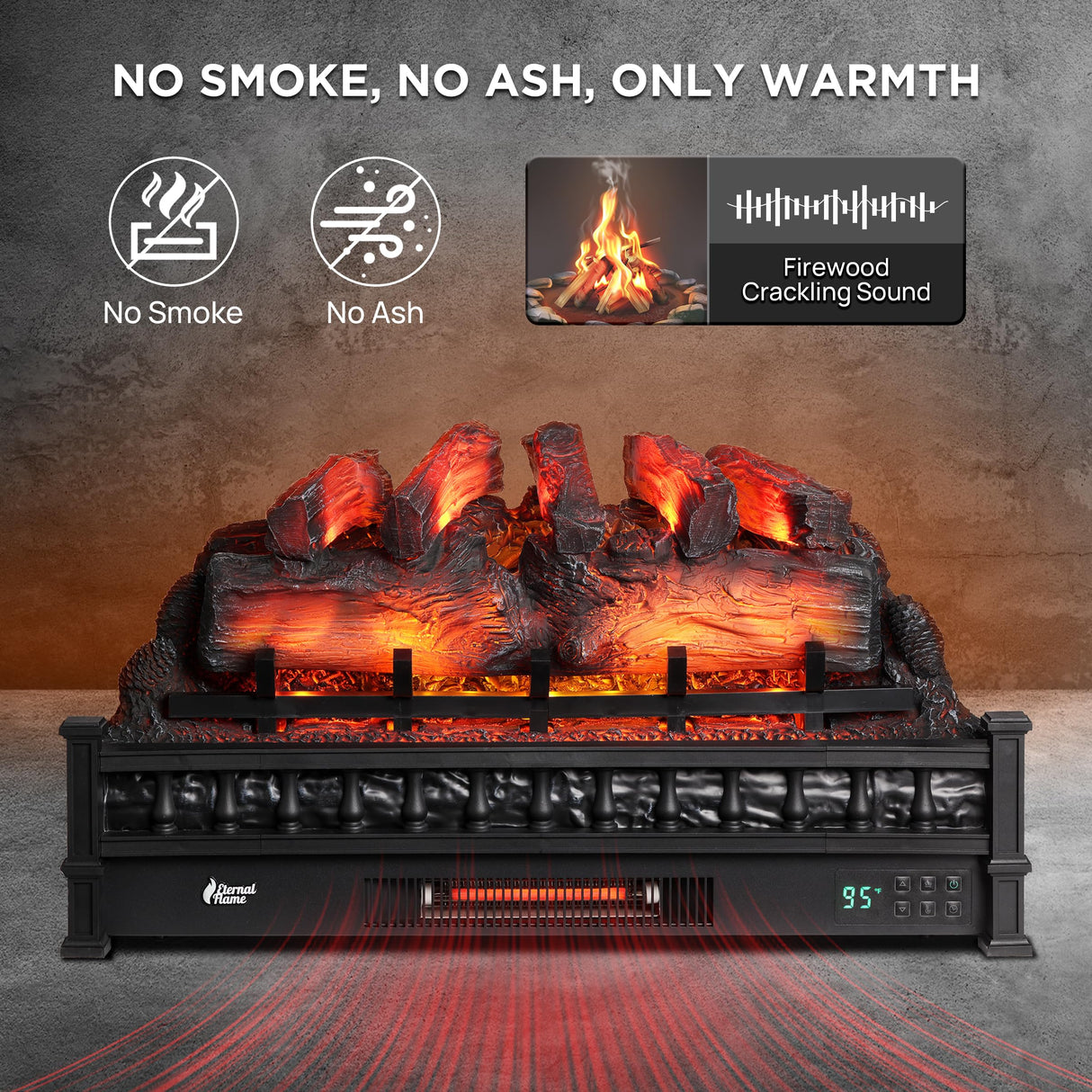 TURBRO Eternal Flame 30 in. WiFi Infrared Quartz Electric Fireplace Log Heater with Sound Crackling, Realistic Pinewood Logs, Adjustable Flame Colors, Remote Control, Thermostat, Timer, EF30-PB, 1500W TURBRO