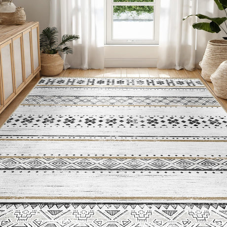 BESTSWEETIE 5x7 Area Rugs for Living Room Washable Moroccan Farmhouse Neutral Geometric Low Pile Non-Slip Soft Print Pattern Rug for Bedroom Kitchen Dining Room Entryway Black/Brown BESTSWEETIE