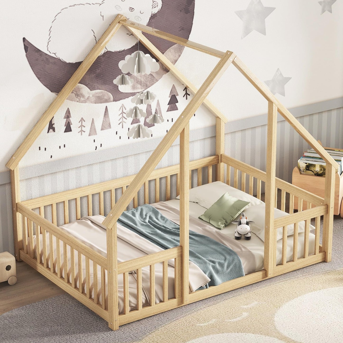 Bellemave Natural Wood House Floor Bed for Kids with Roof and Fence, Full Size Montessori Design