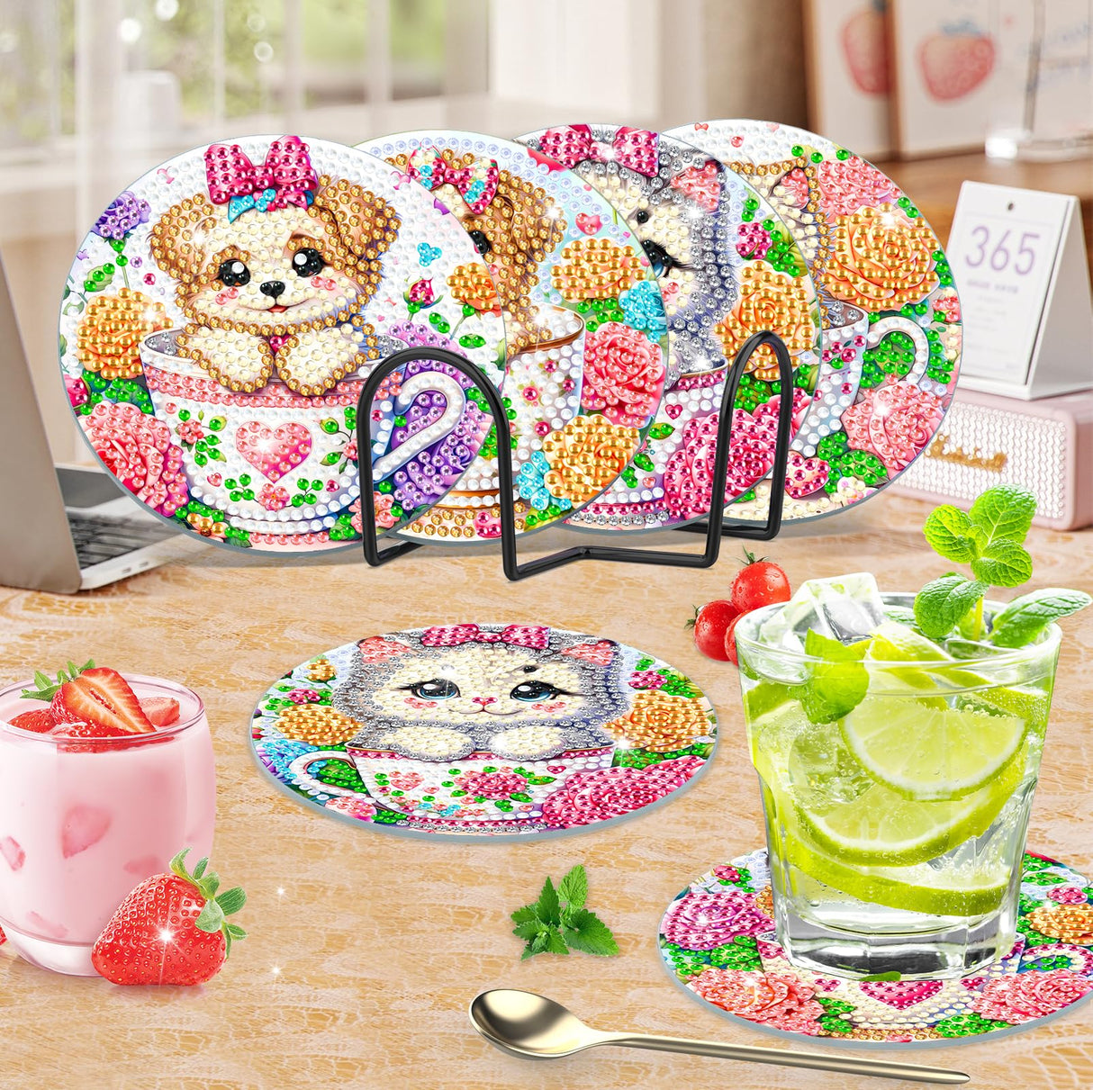 Bowetile 6PCS Flowers Diamond Art Painting Coasters Kit with Holder, Cat Diamond Art Kits for Adults Beginners, Dog Gem Art Kits for Adults, Arts and Crafts Kits for Adults for Home Decor Bowetile